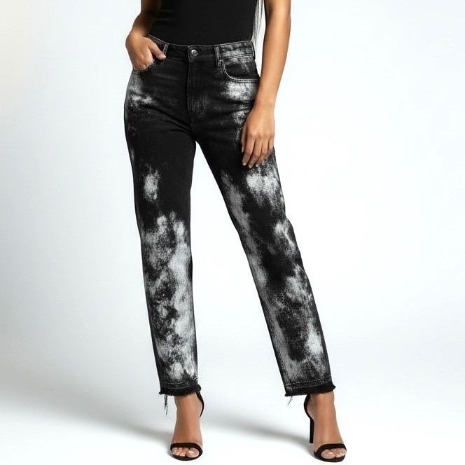 3x1 Nyc Straight Leg Jeans Womens 31 Black White Marble Acid Wash Raw Hem Button
